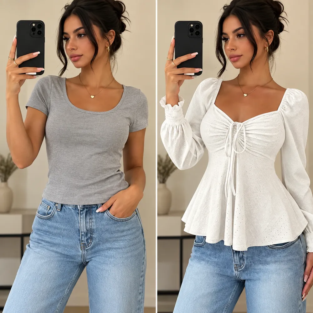 Women's V-Neck Ruched Drawstring Sexy Short Sleeve Solid Long Sleeve Top, European & American Style