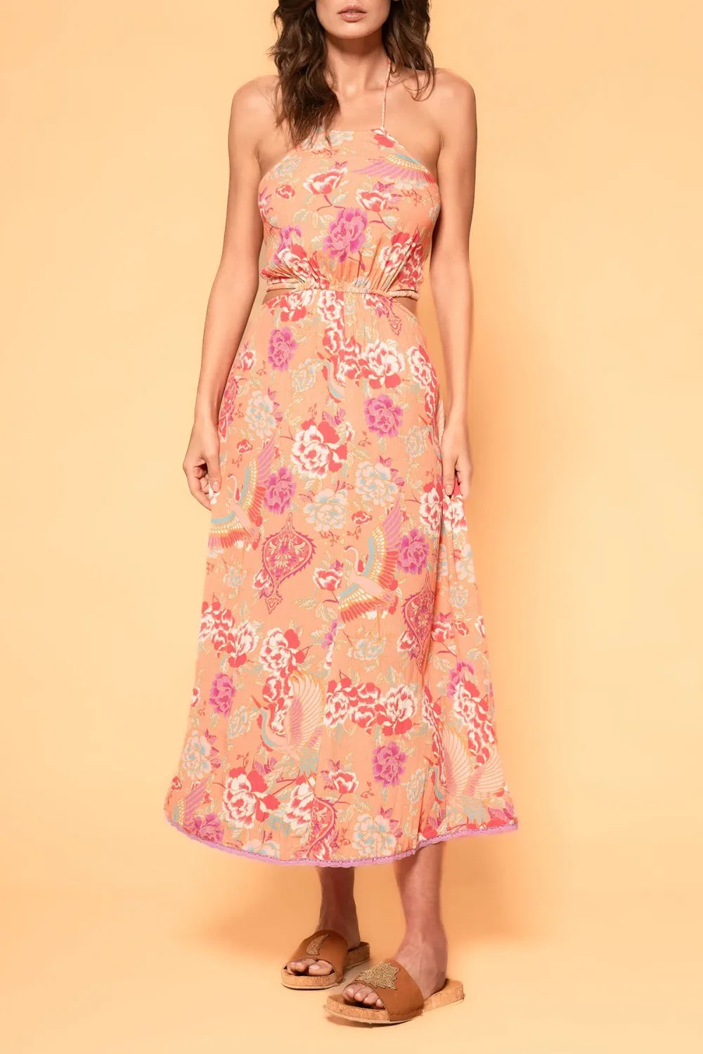 Peach Colored Floral Print Halter Maxi Dress