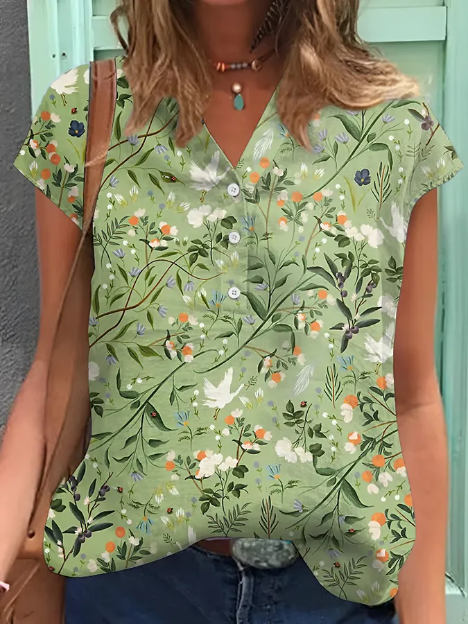 Women's Floral Print Short-Sleeved Shirt