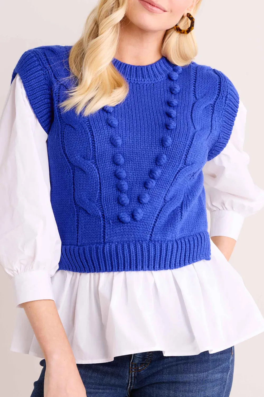 Blue Cable Knit Vest With White Top
