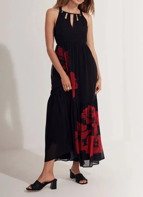 Casual Style Black Floral Print Maxi Dress