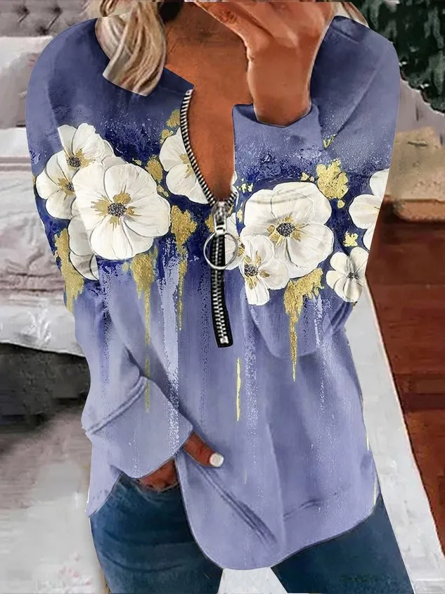 Casual V Neck Floral Sweatshirt