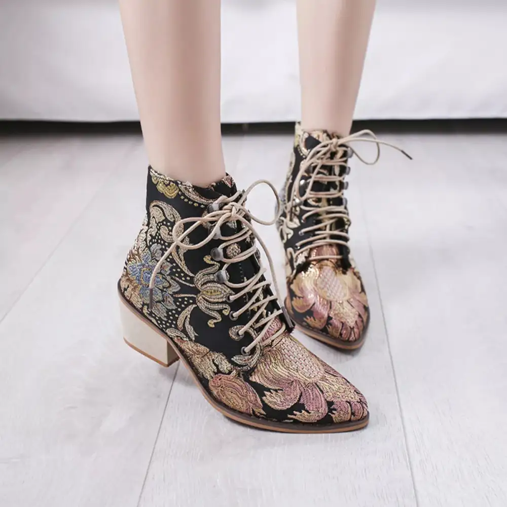 Embroidered Lace-Up Ankle Boots