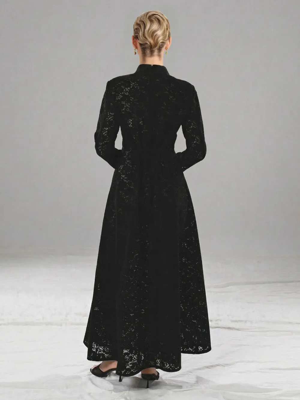 Elegant High Neck Lace Slit Midi Dress