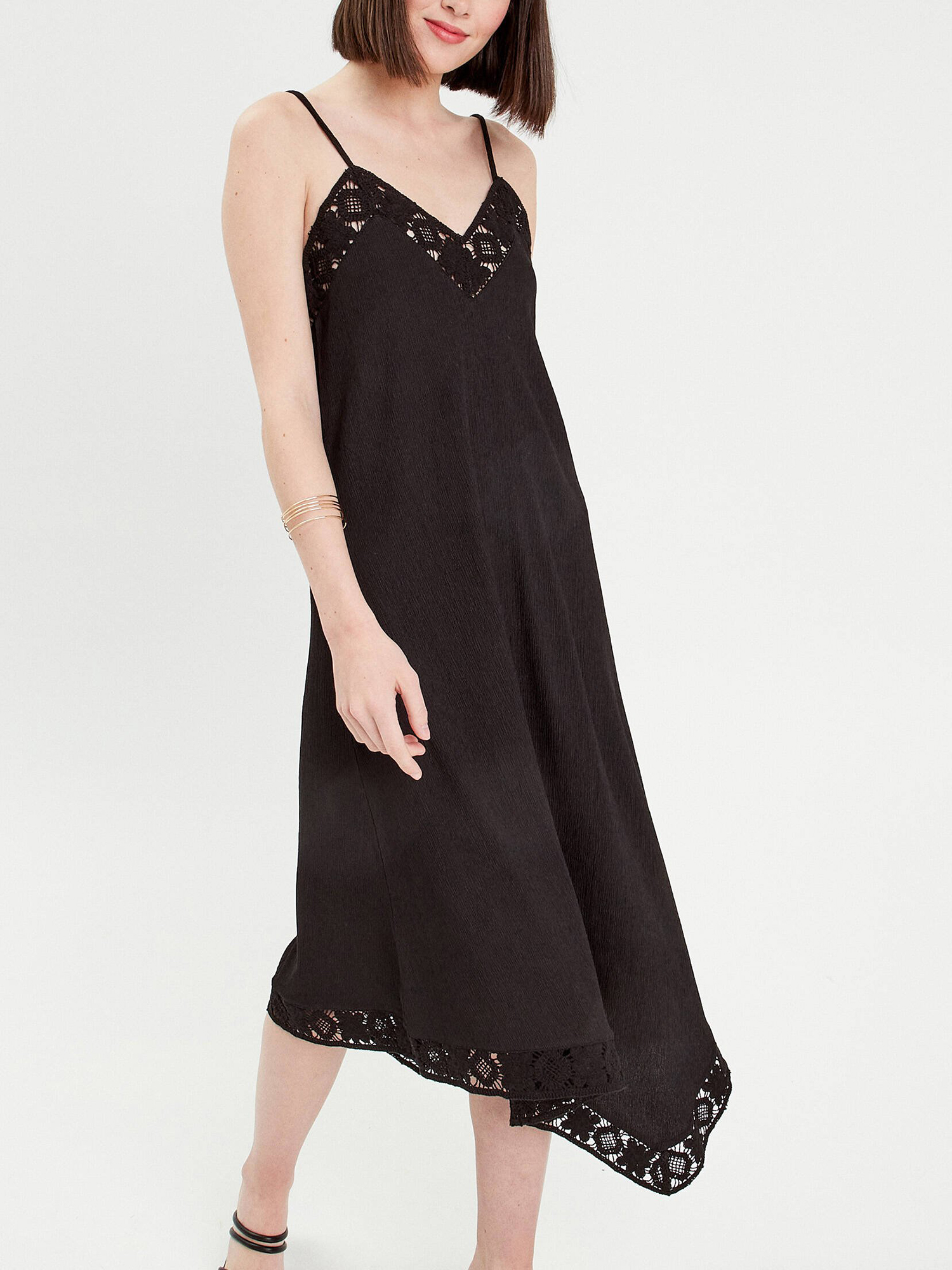 Robe longue évasée asymétrique noir femme