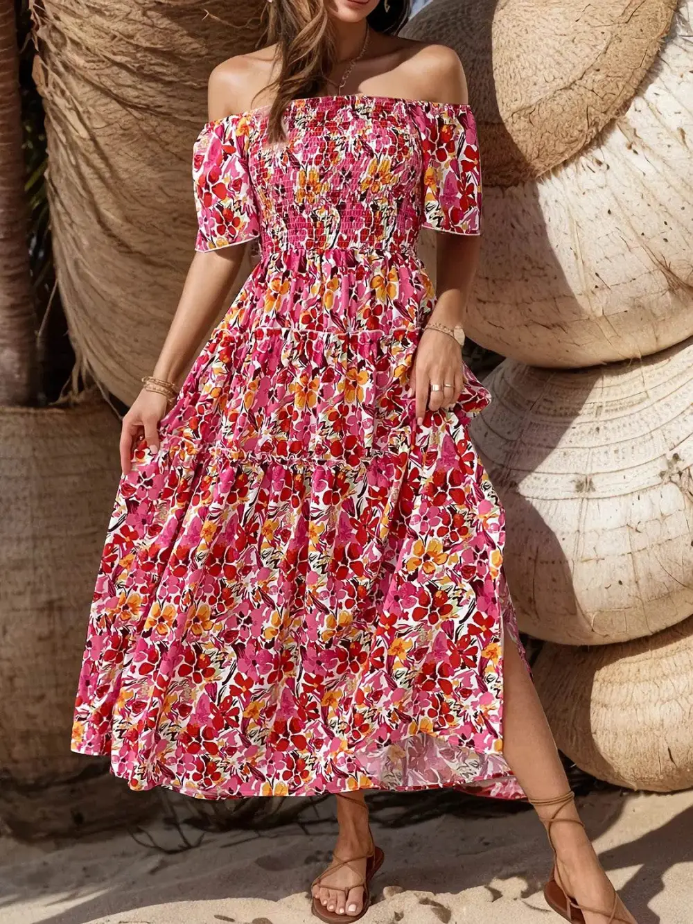 Floral Off Shoulder Slit Casual Dress