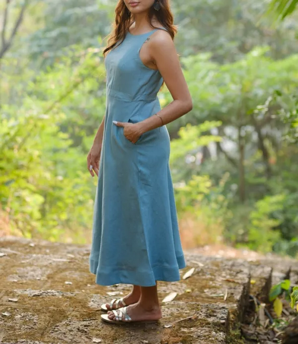 Aqua Linen Cutaway Maxi Dress