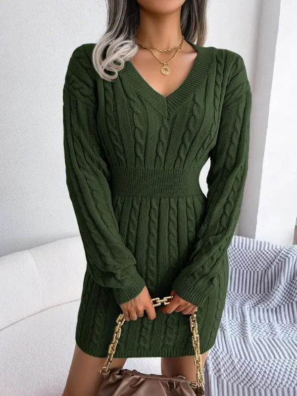 V Neck Cable Knit Sweater Dress