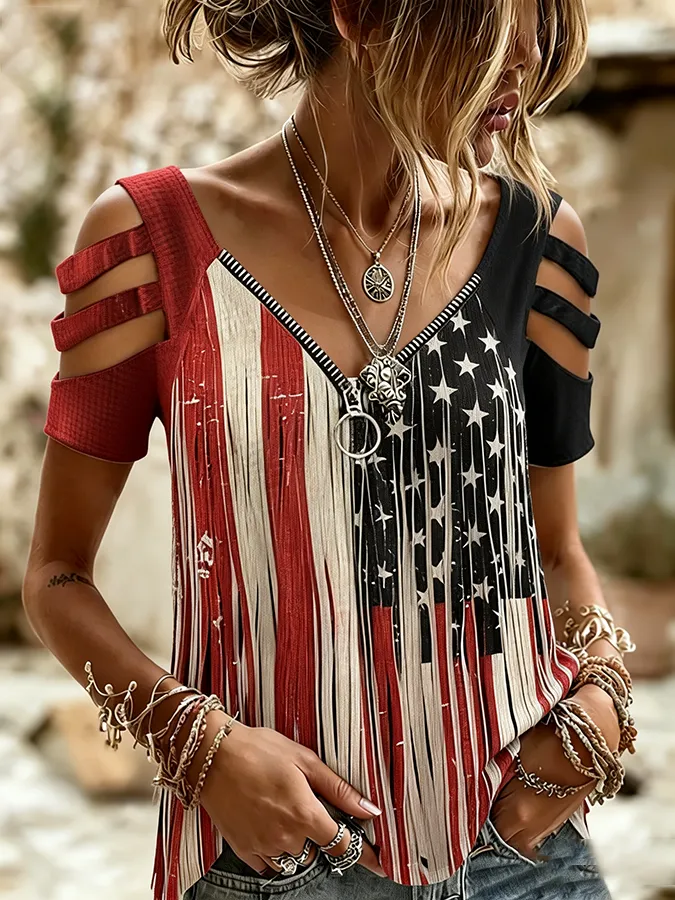 Female Casual Hollowed Out Patriotic T-Shirt
