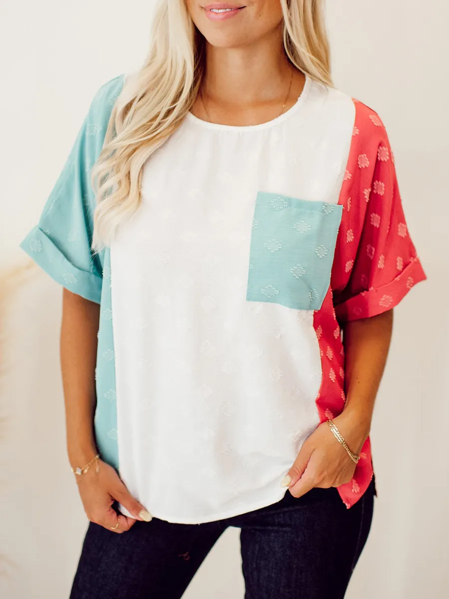 Spliced Contrast Pocket Split Color Block Top