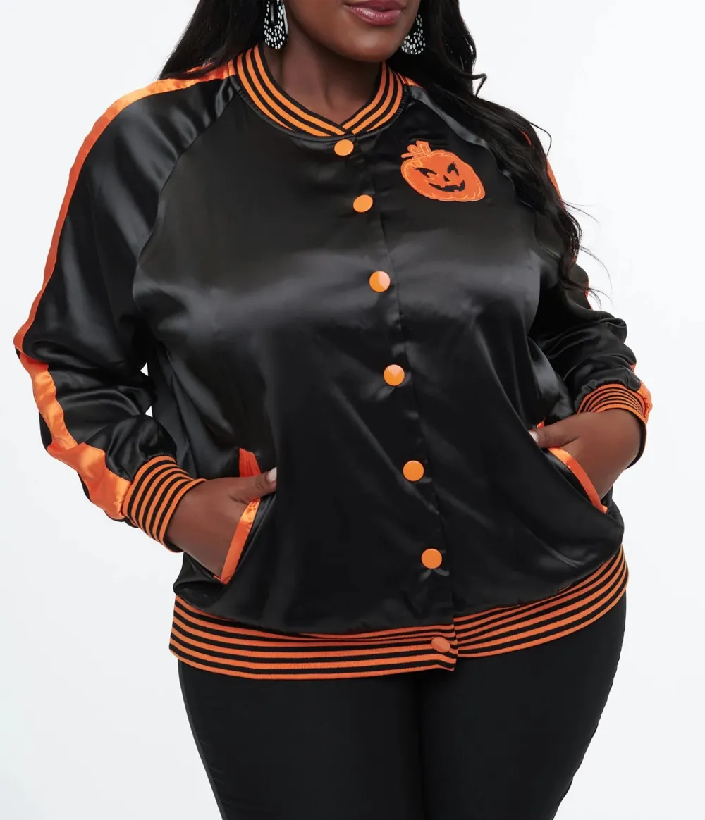 Plus Size Black And Orange Scream Queen Satin Bomber Jacket