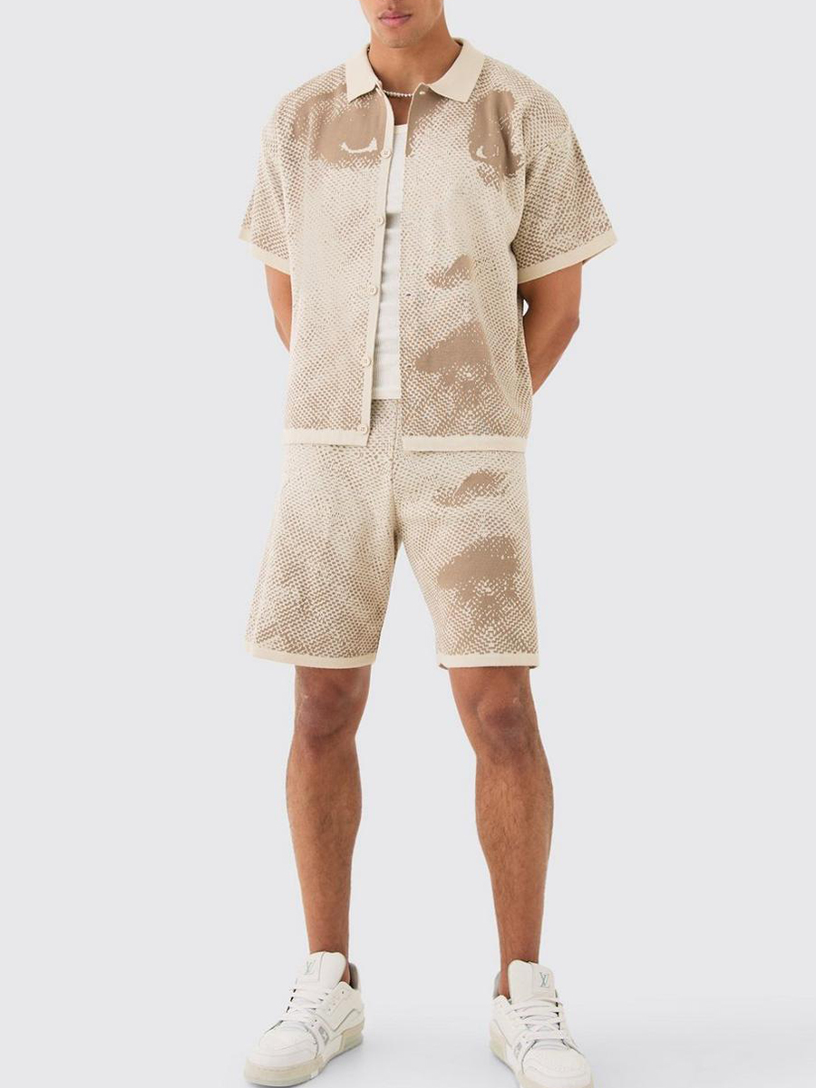 BOXY FACE JACQUARD KNITTED SHIRT AND SHORT SET