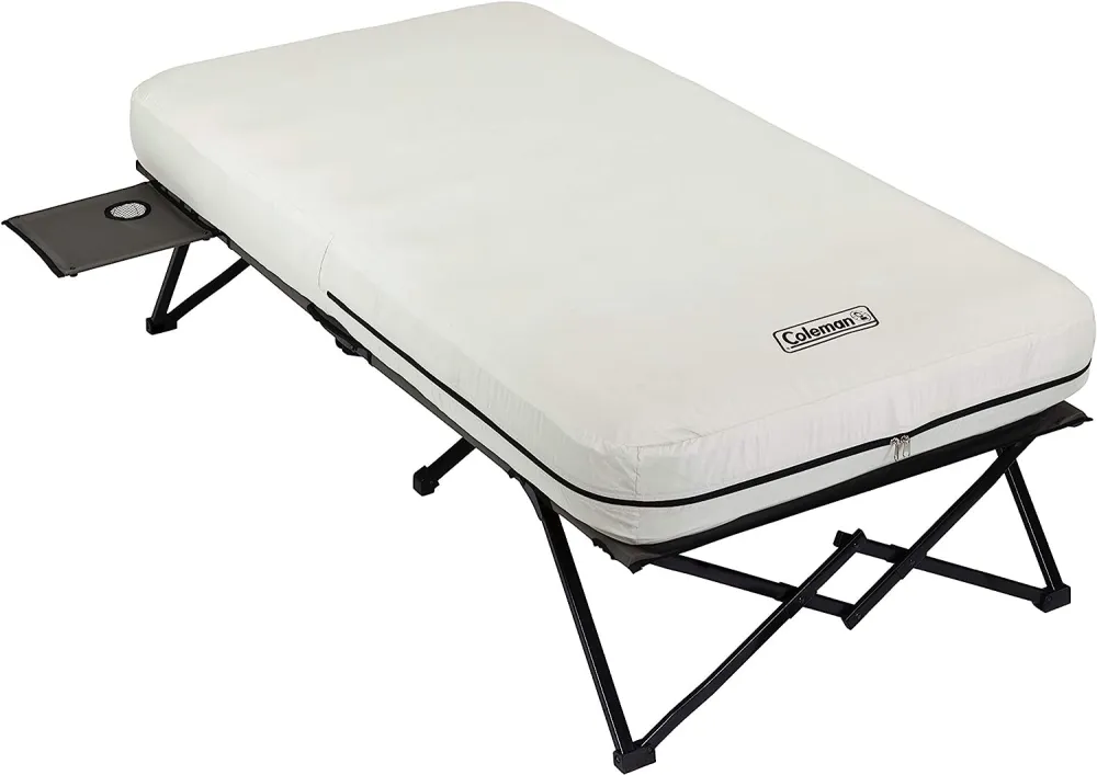 Camping Cot, Air Mattress, and Pump Combo, Folding Camp Cot and Air Bed with Side Table and Battery Operated Pump