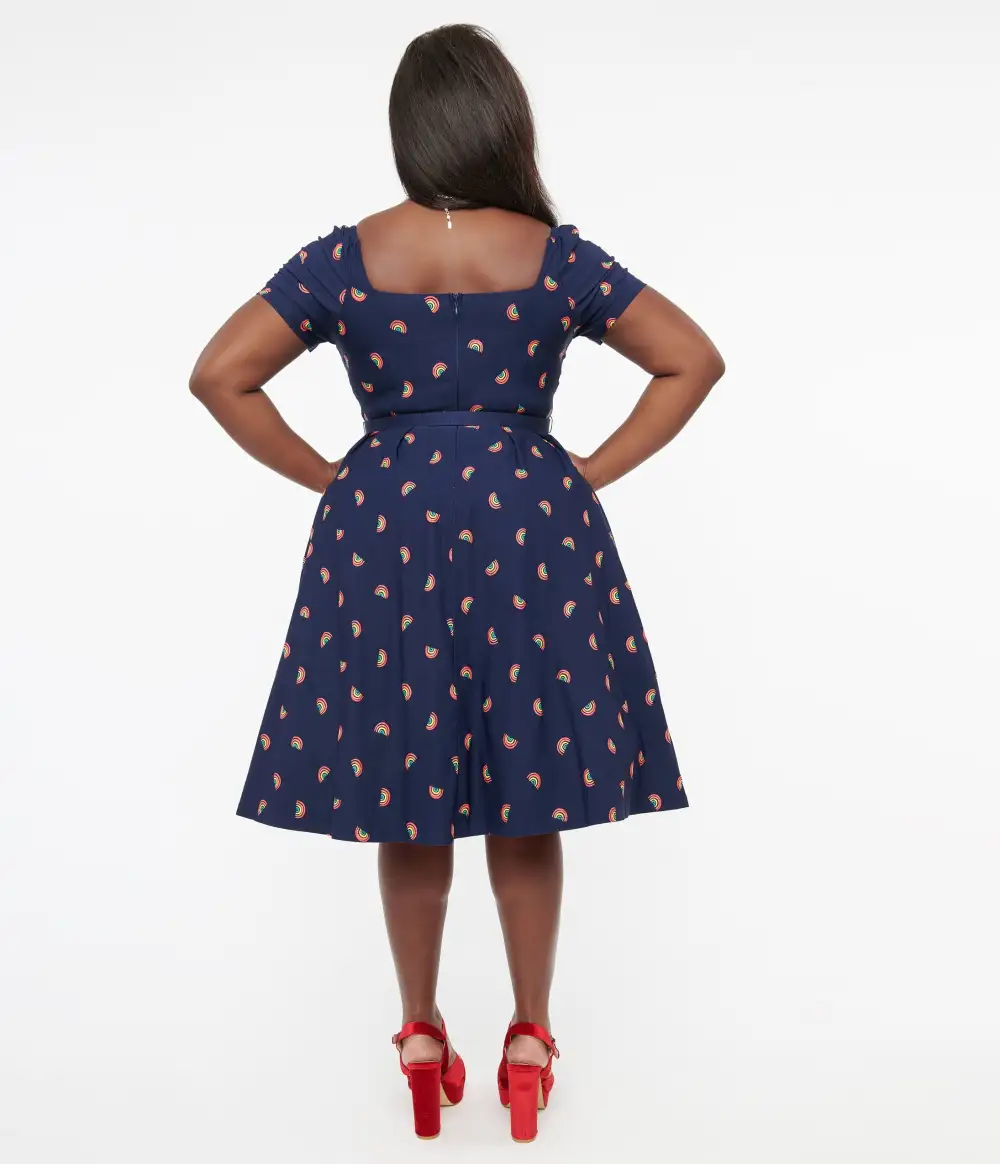 Unique Vintage Plus Size 1950s Navy & Rainbow Stamp Midge Swing Dress