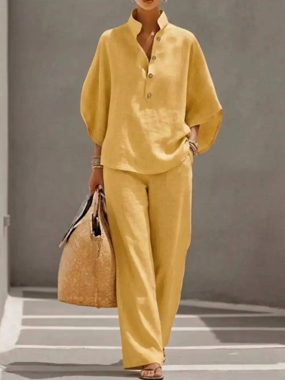 Button Detail Sleeve Top and Pants Set