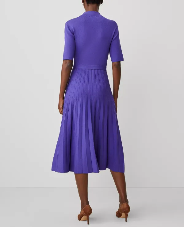 Mock Neck Belted Pleated Dress