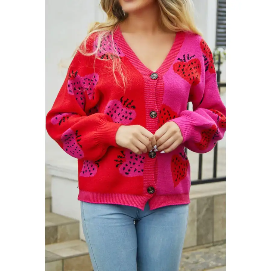 Printed V Neck Button Down Long Sleeve Cardigan