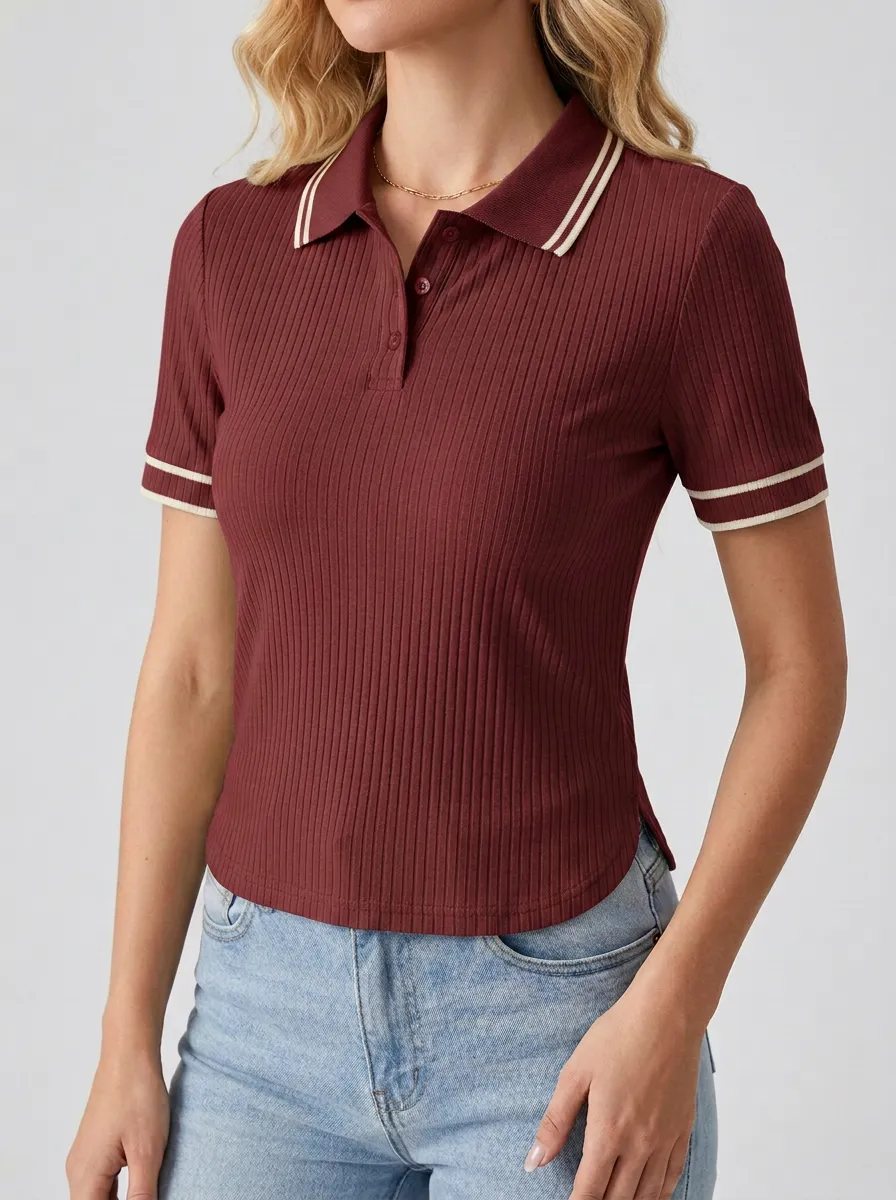 Women's Everyday Ribbed Contrast-Trim Polo Shirt