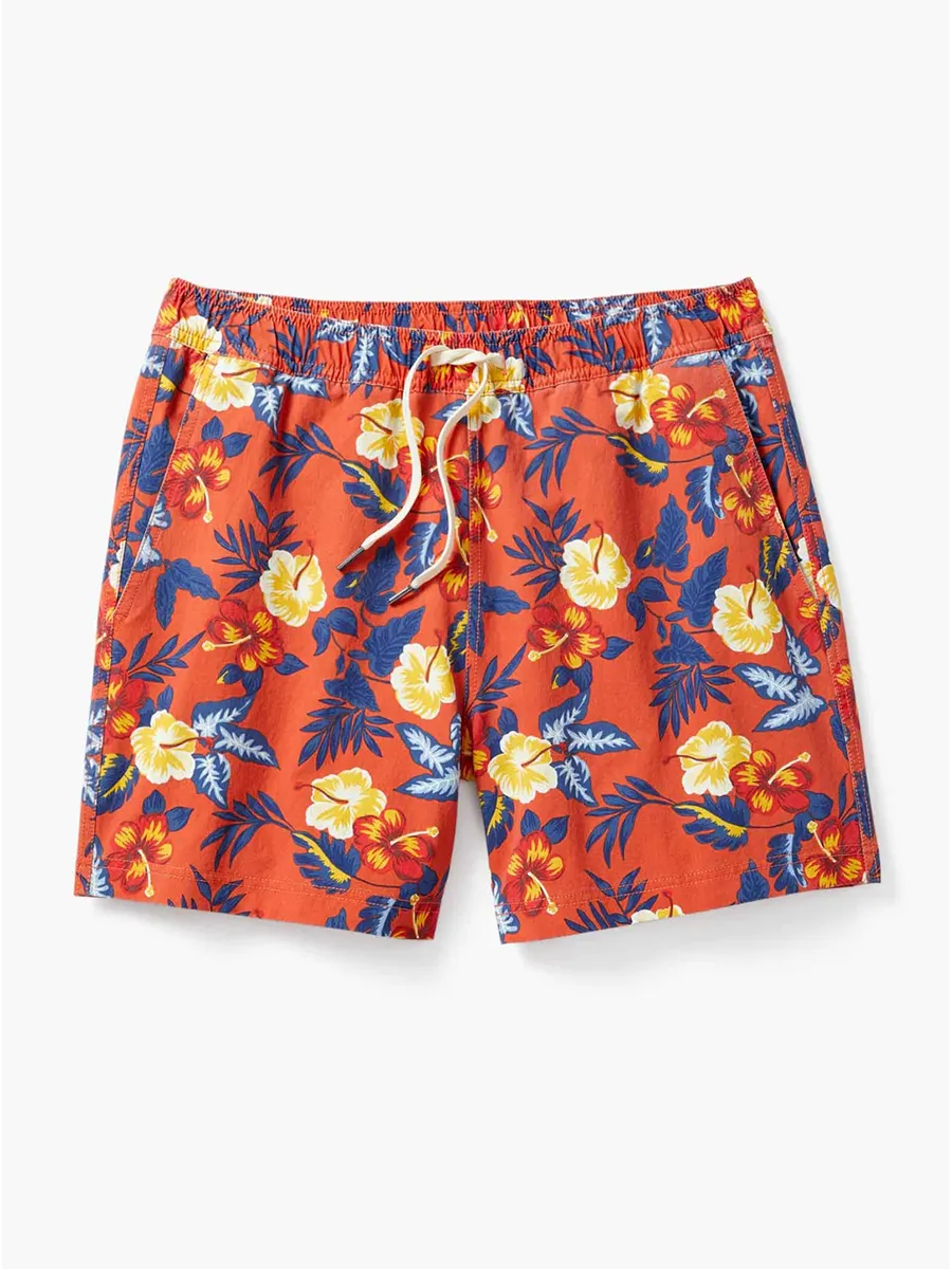 Men's Red Tropics Bungalow Trunk Beach Shorts