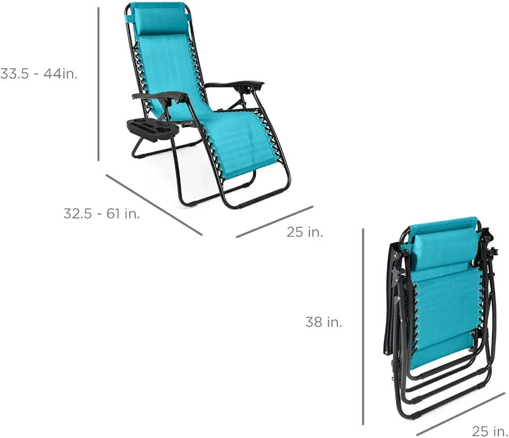 Set of 2 Adjustable Steel Mesh Zero Gravity Lounge Chair Recliners w/Pillows and Cup Holder Trays