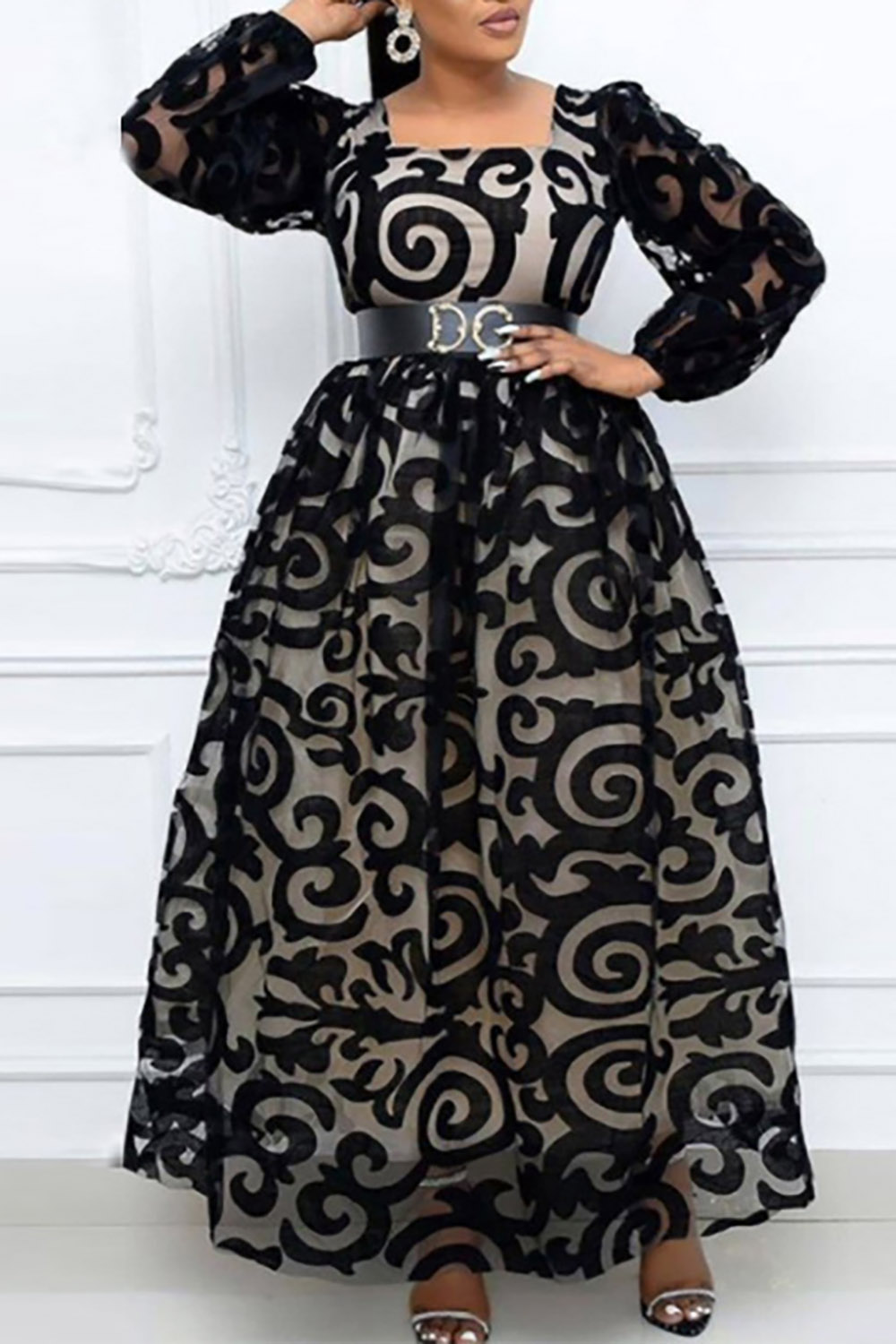 Plus Size Black Formal Elegant Mesh All Over Print Square Neck See-through Maxi Dresses (Without Belt)