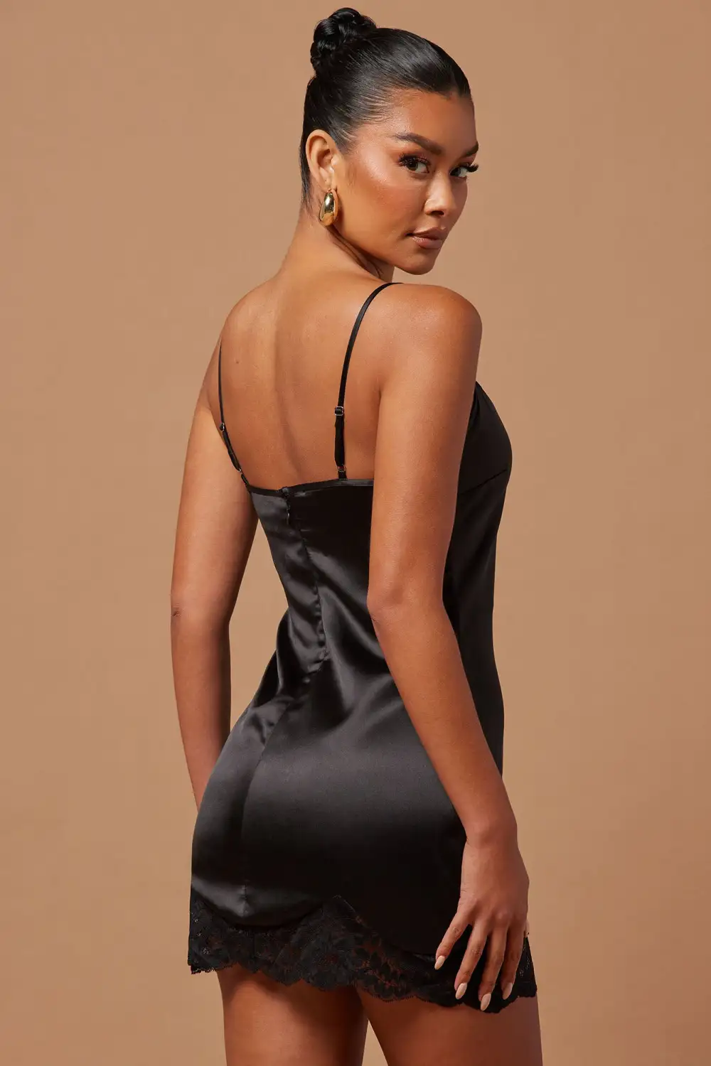 Eloise Satin Lace Mini Dress - Black