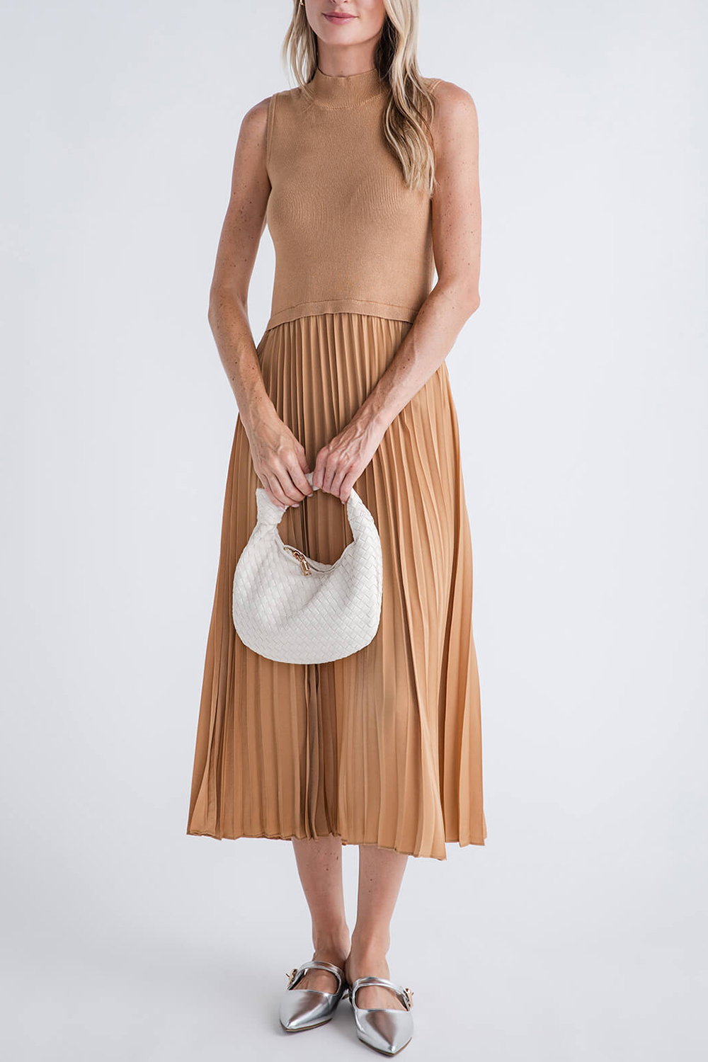 Skies Are Blue Pleated Contrast Mock Neck Dress - tan