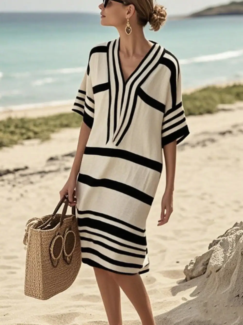 Striped Short Sleeve Midi Dress