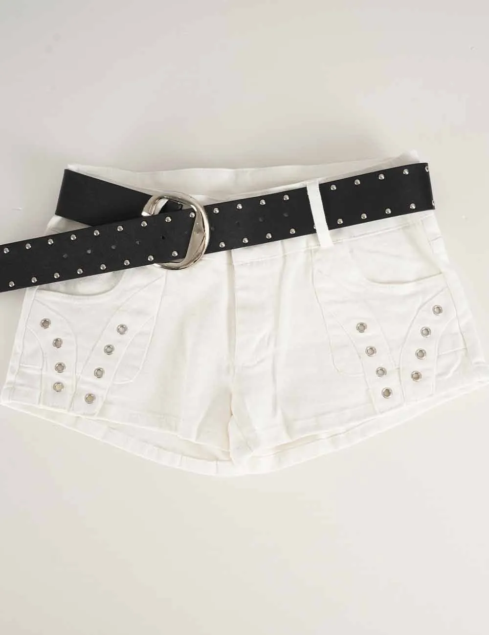 Metal Eyelet Solid Color Denim Shorts