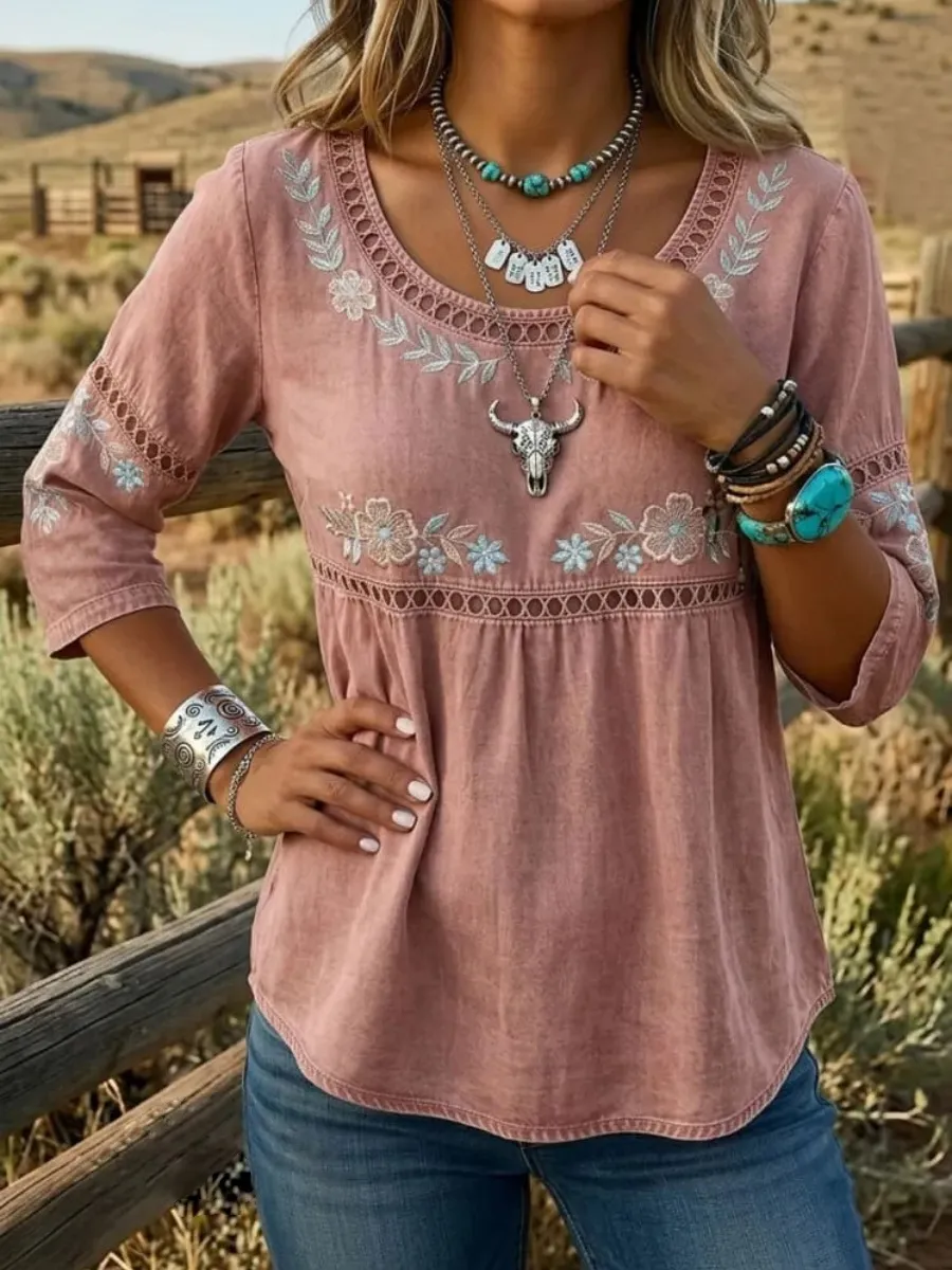 Western-Style Floral Art Women's Casual Top