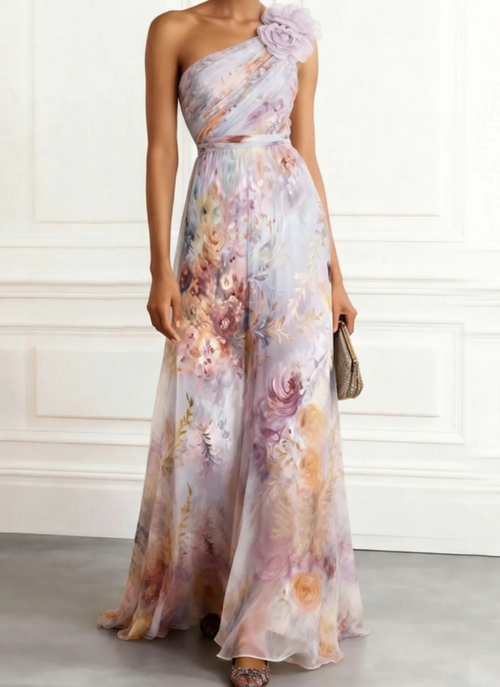 One Shoulder Floral Print Maxi Dress