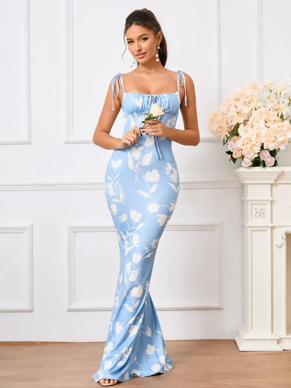 Tie Shoulder Fishtail Hem Floral Print Prom Dress