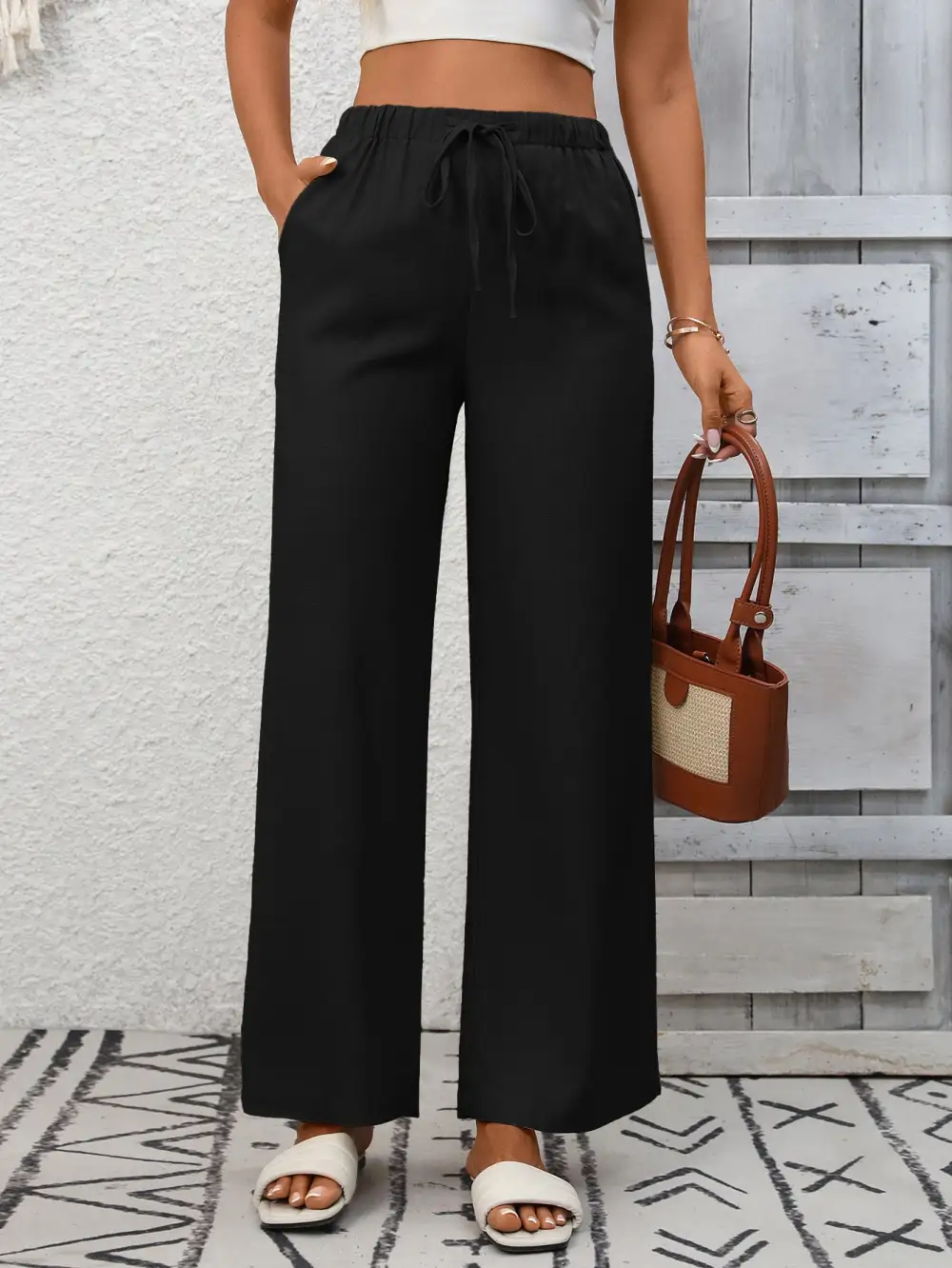 Drawstring High Waist Wide Leg Pants