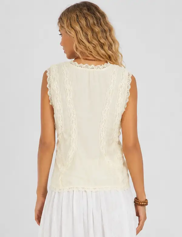 Ruched Lace Trim V Neck Sleeveless Top