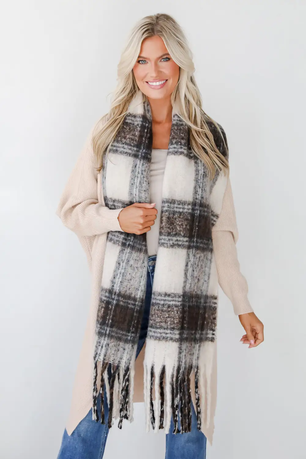 FINAL SALE - Snuggly Elevation Plaid Fringe Scarf - DOORBUSTER