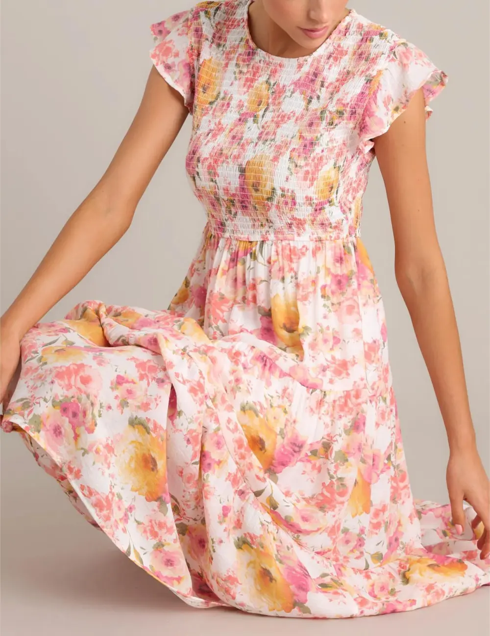 PETAL POWER PINK FLORAL SMOCKED MIDI DRESS