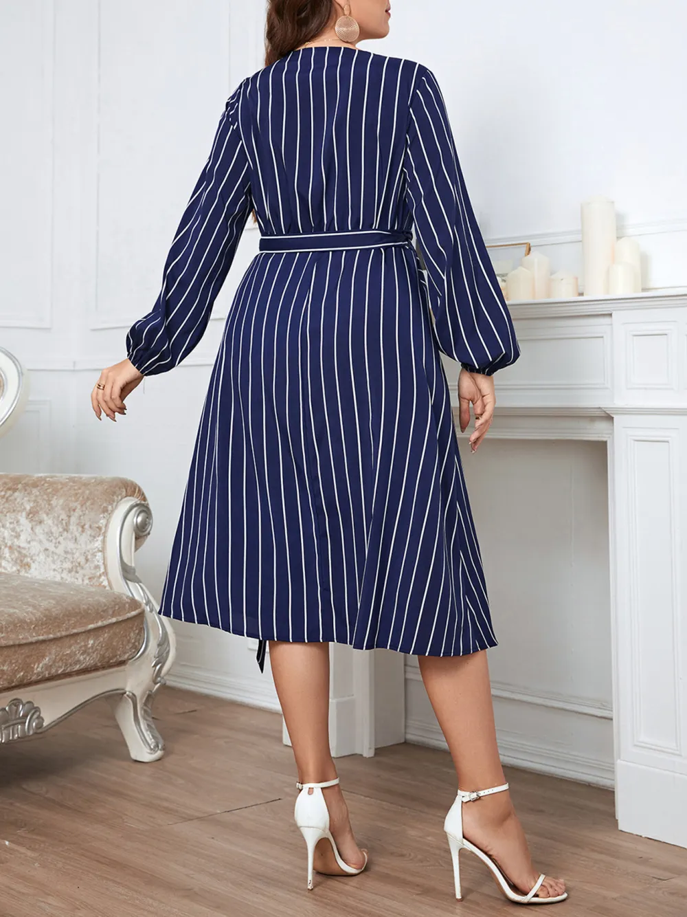 Commuter Stripe Loose V Neck Large Size Belt Women Dress