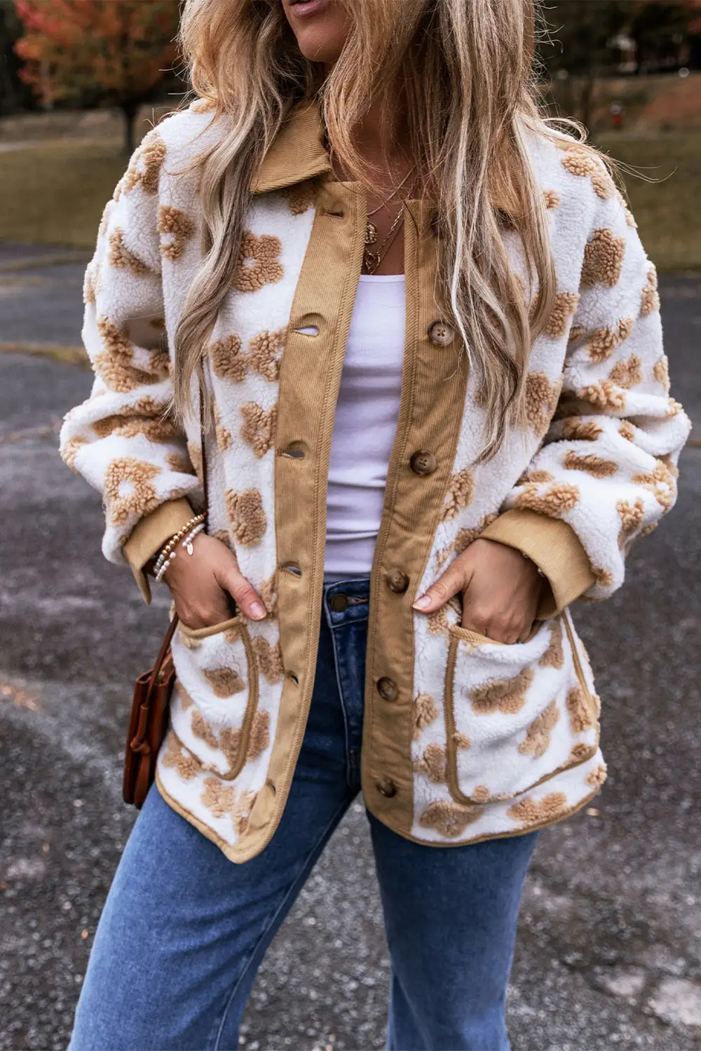 French Cute Flower Pattern Button-Up Fleece Jacket