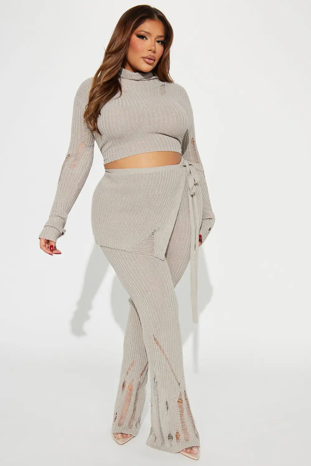 Influential 3 Piece Sweater Knit Pant Set - Stone