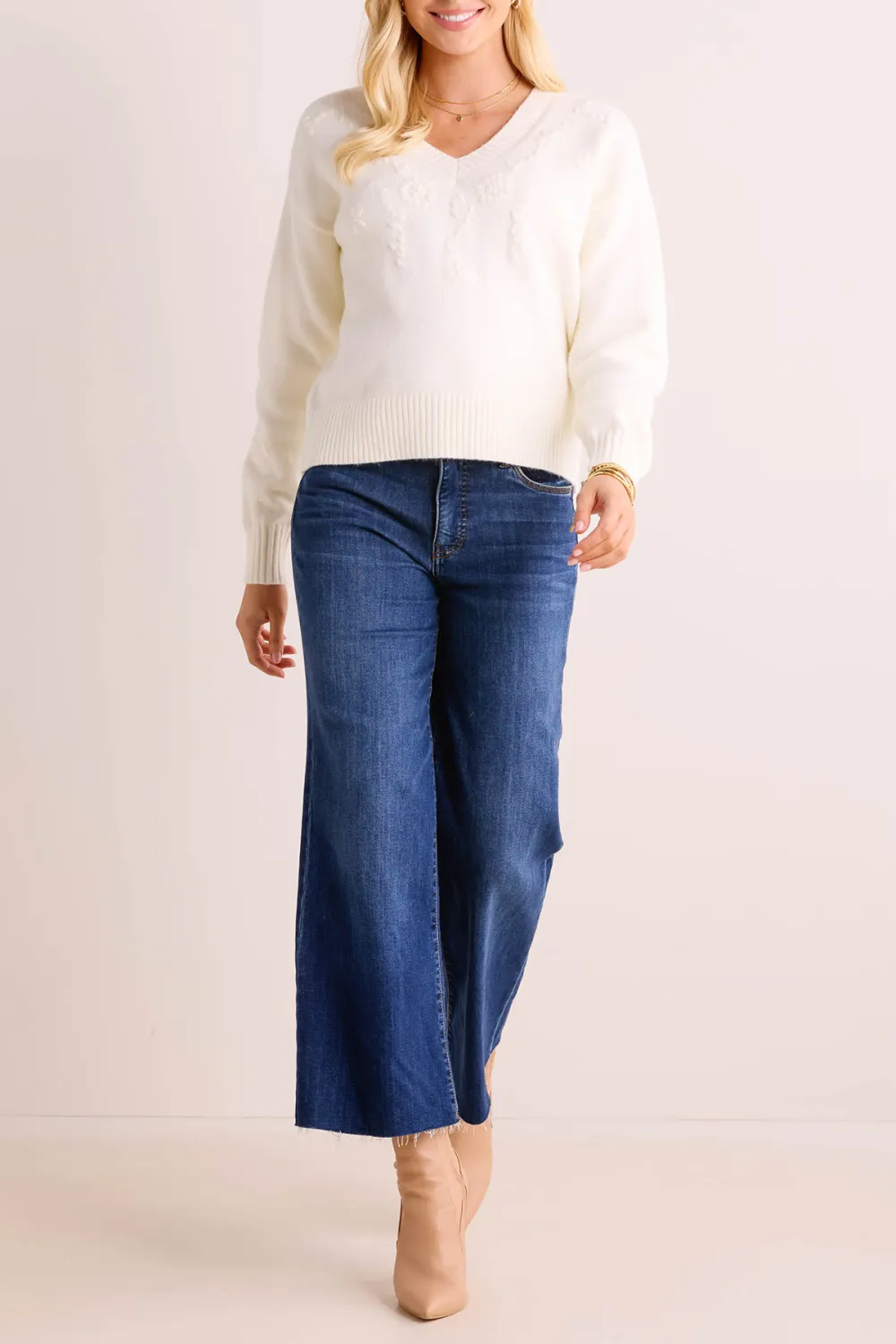 White Cable Knit V-Neck Sweater