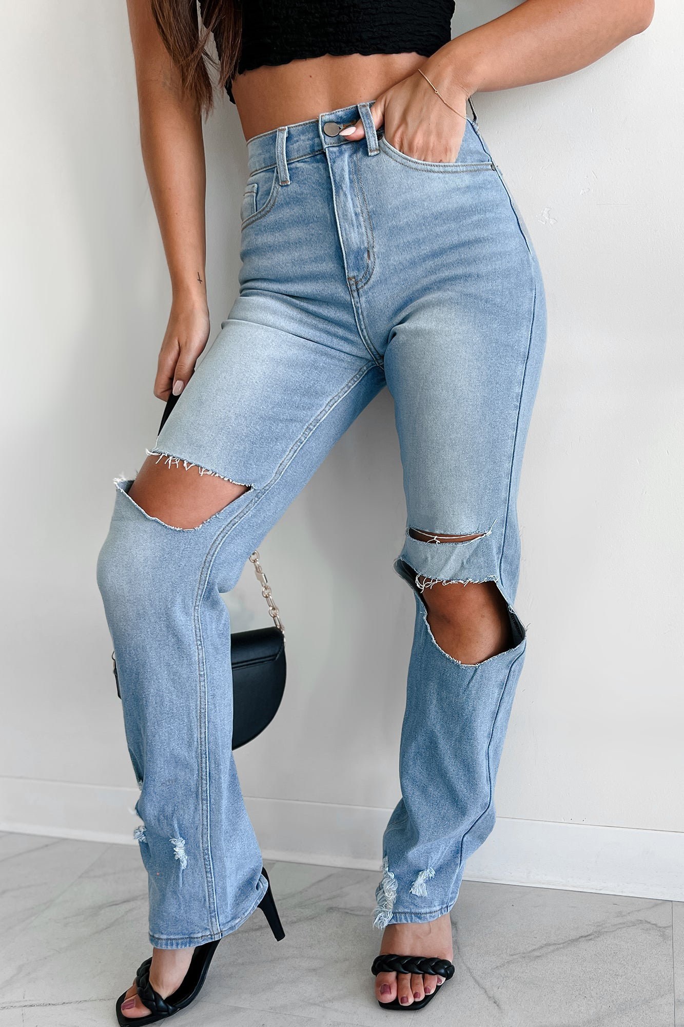 High Rise Distressed Straight Leg Dogma Jeans