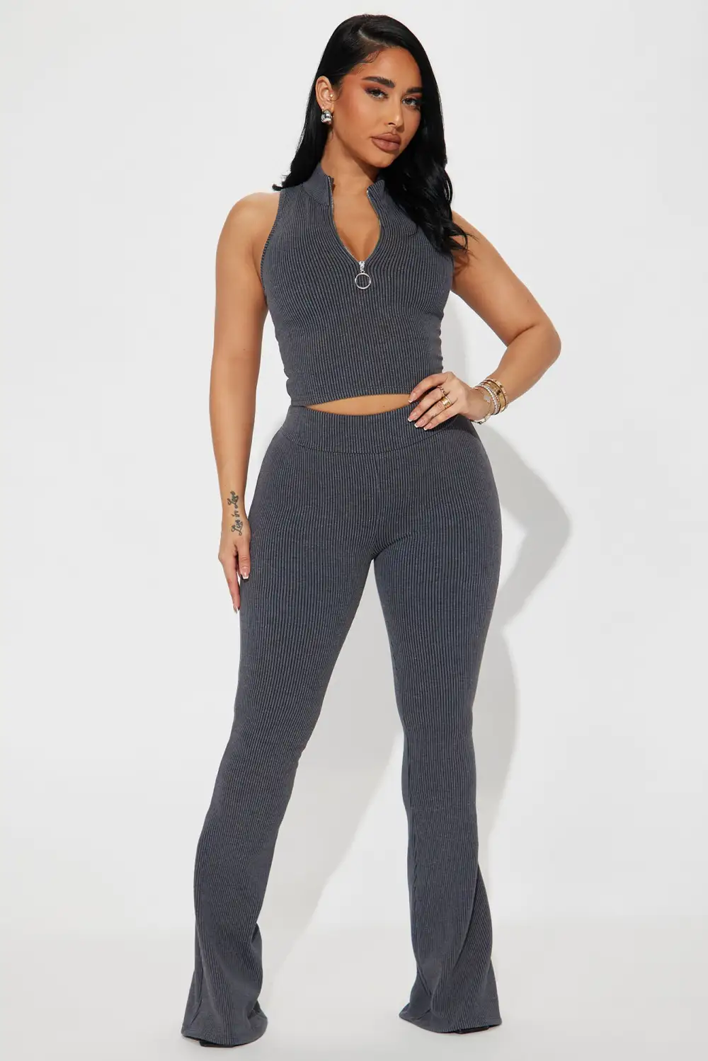 Hard To Reach Ribbed Pant Set - Charcoal