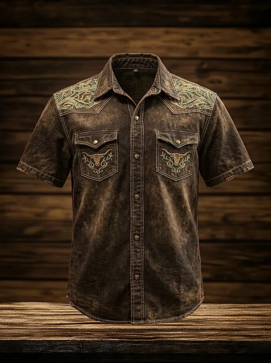 Men's Western Cowboy Bull Skull Embroidered Printed Shirt