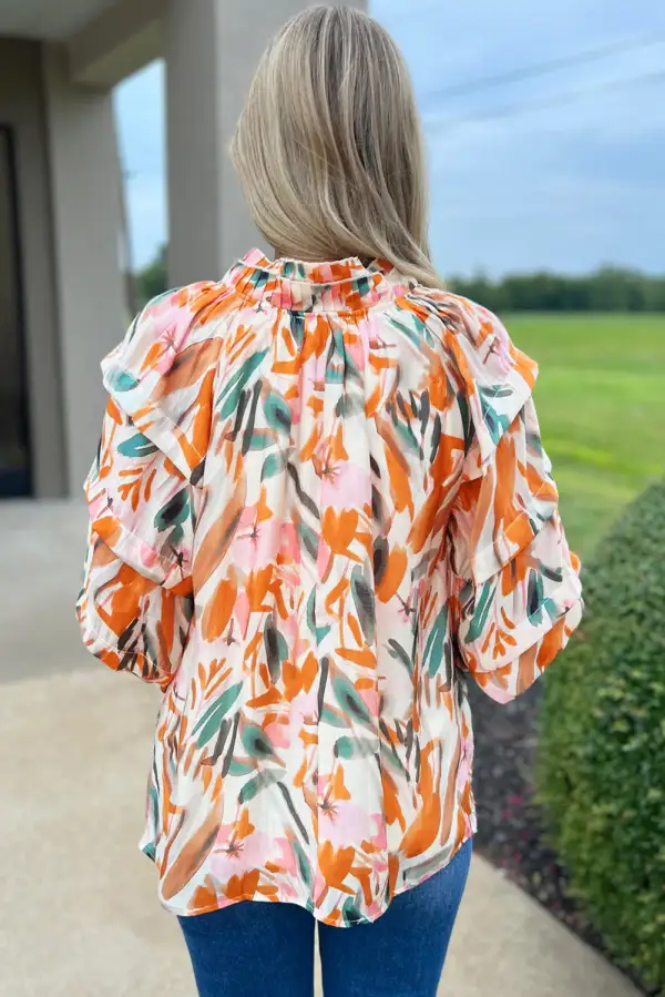Abstract Print Frilled V-Neck Blouse