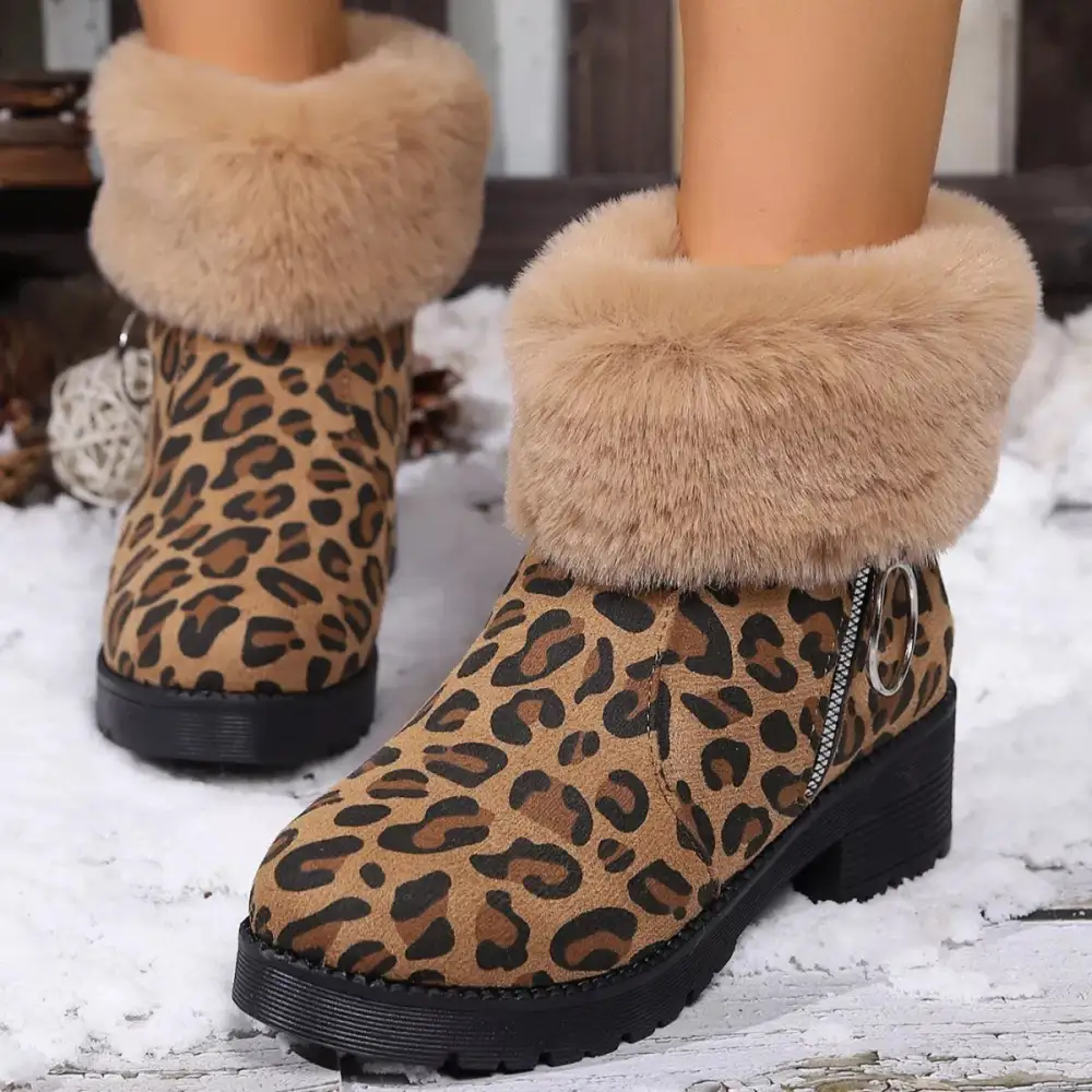 Fuzzy Cuff Print Ankle Boots