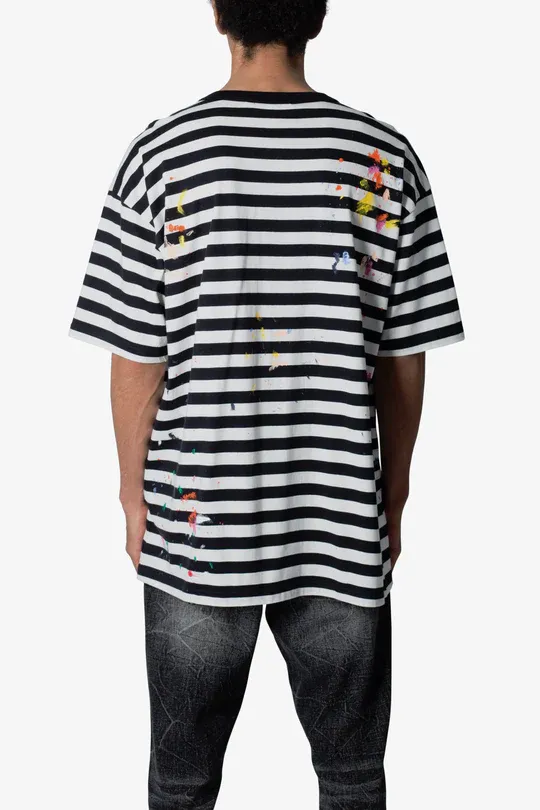 BLACK AND WHITE STRIPED PAINT SPLATTER T-SHIRT