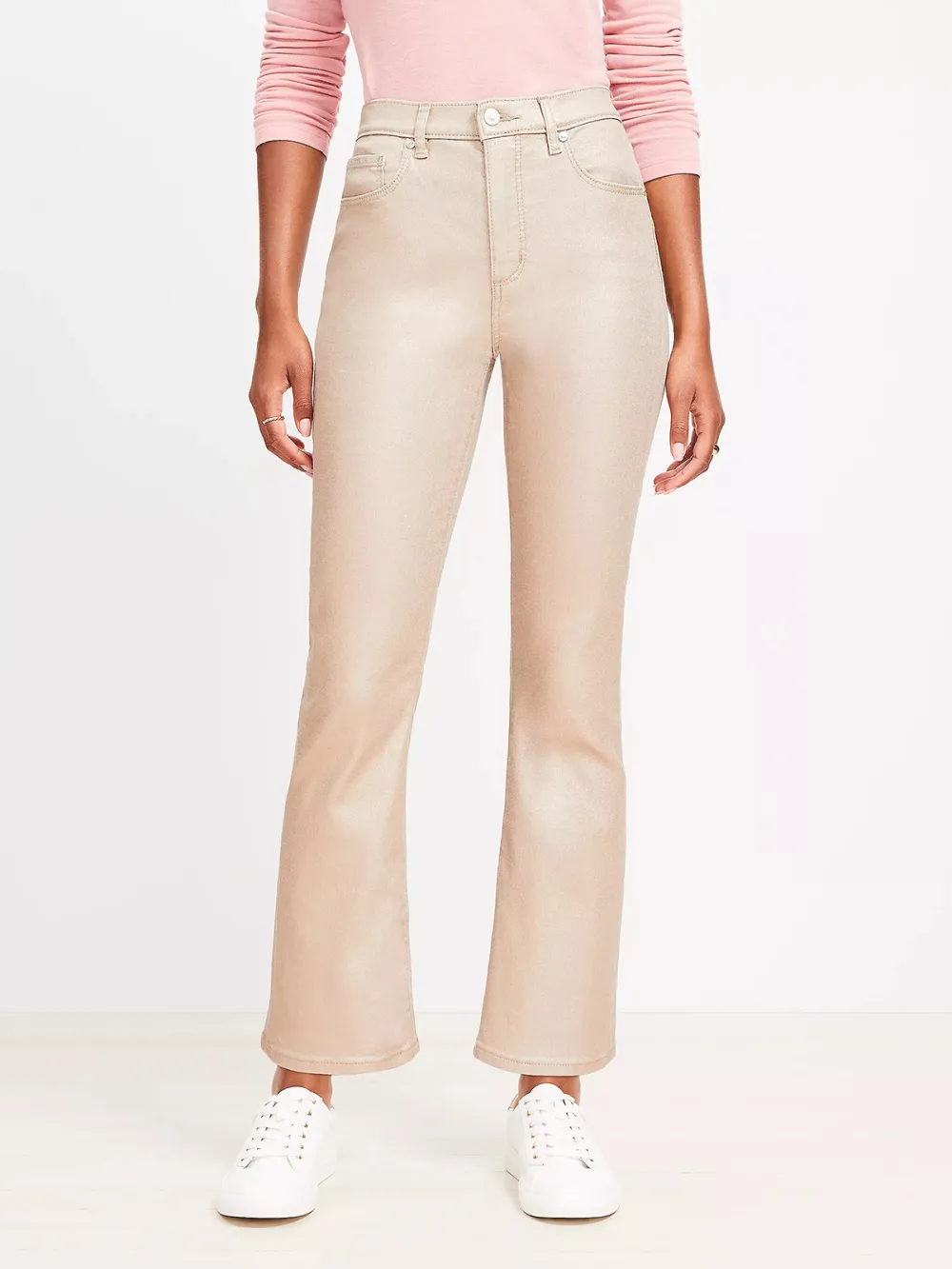 Coated High Rise Kick Crop Jeans In Gold