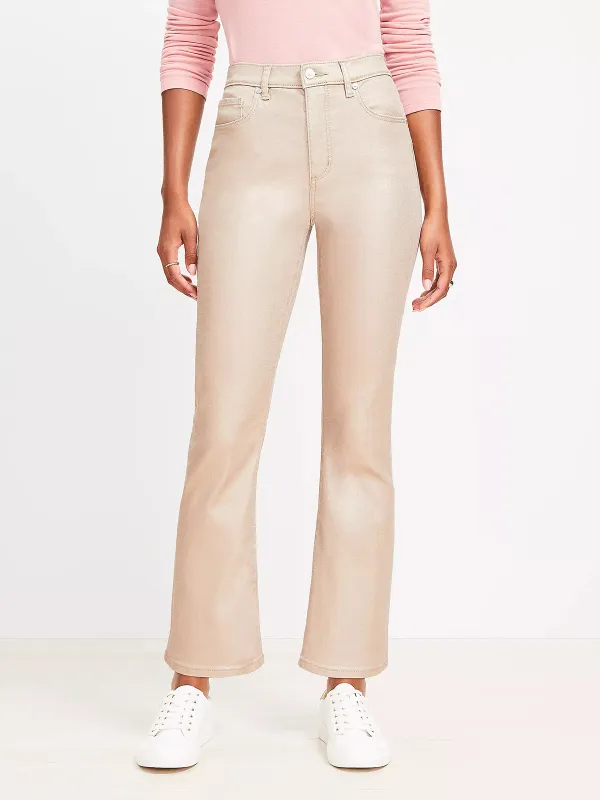 Coated High Rise Kick Crop Jeans In Gold