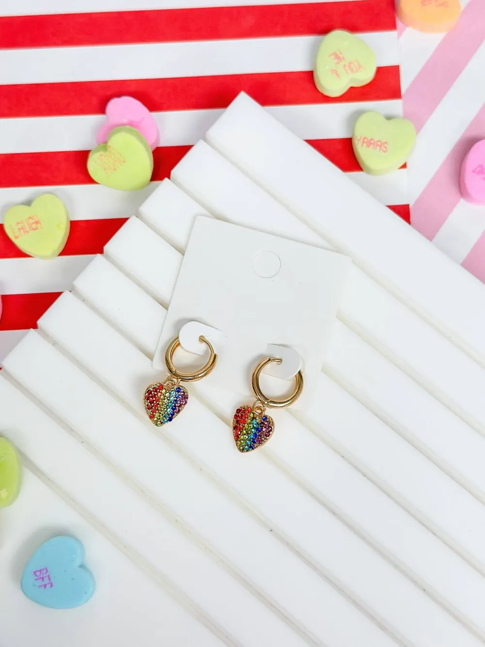 Rainbow Pave Heart Dangle Huggies Jewelry