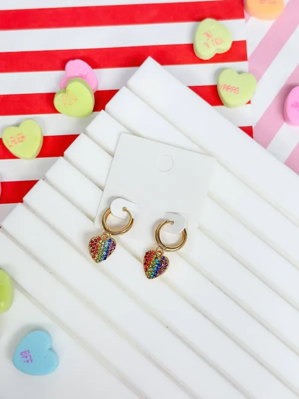 Rainbow Pave Heart Dangle Huggies Jewelry